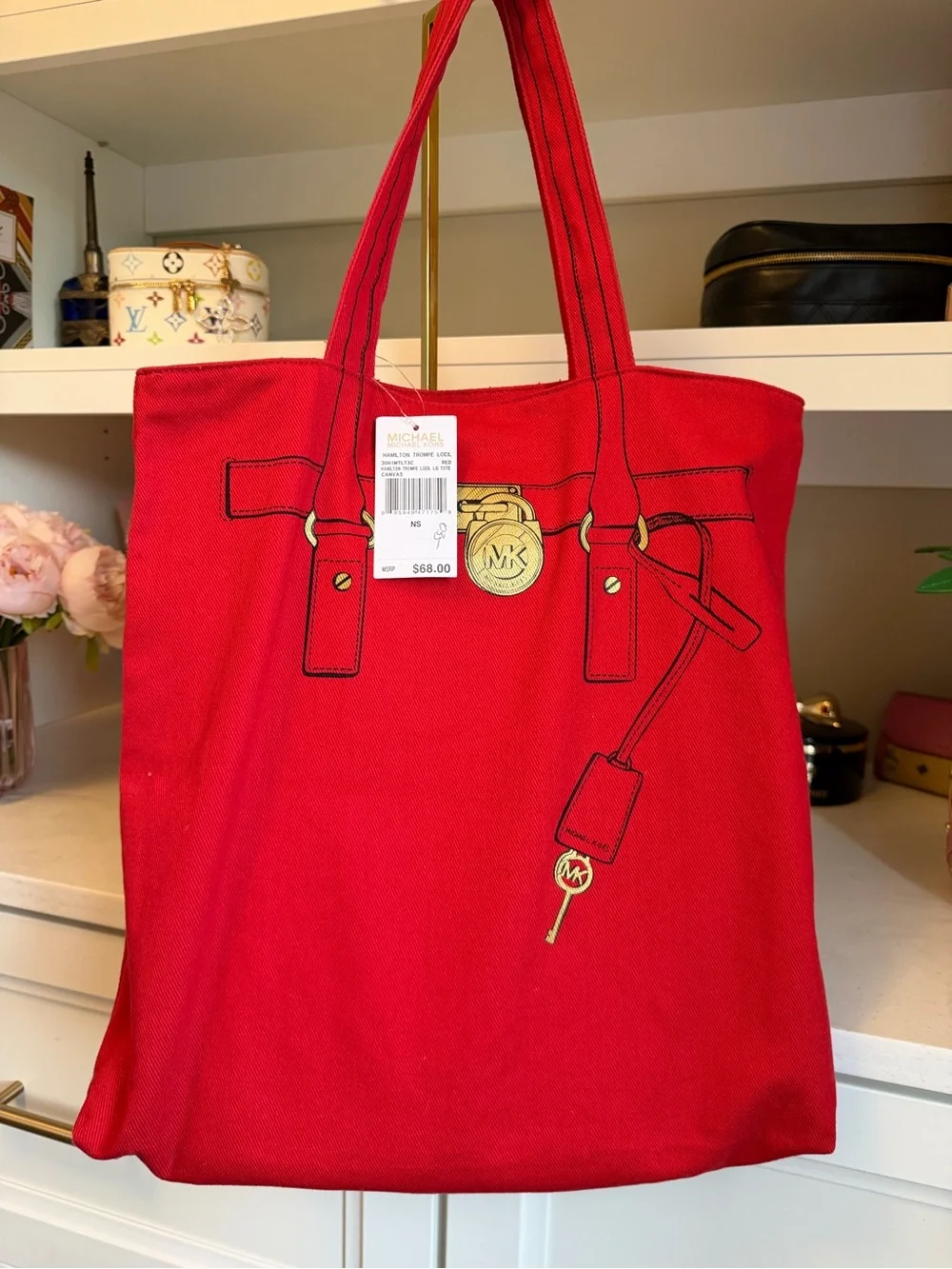 Michael Kors NWT Red Canvas Hamilton Tote with Gold Accent Print